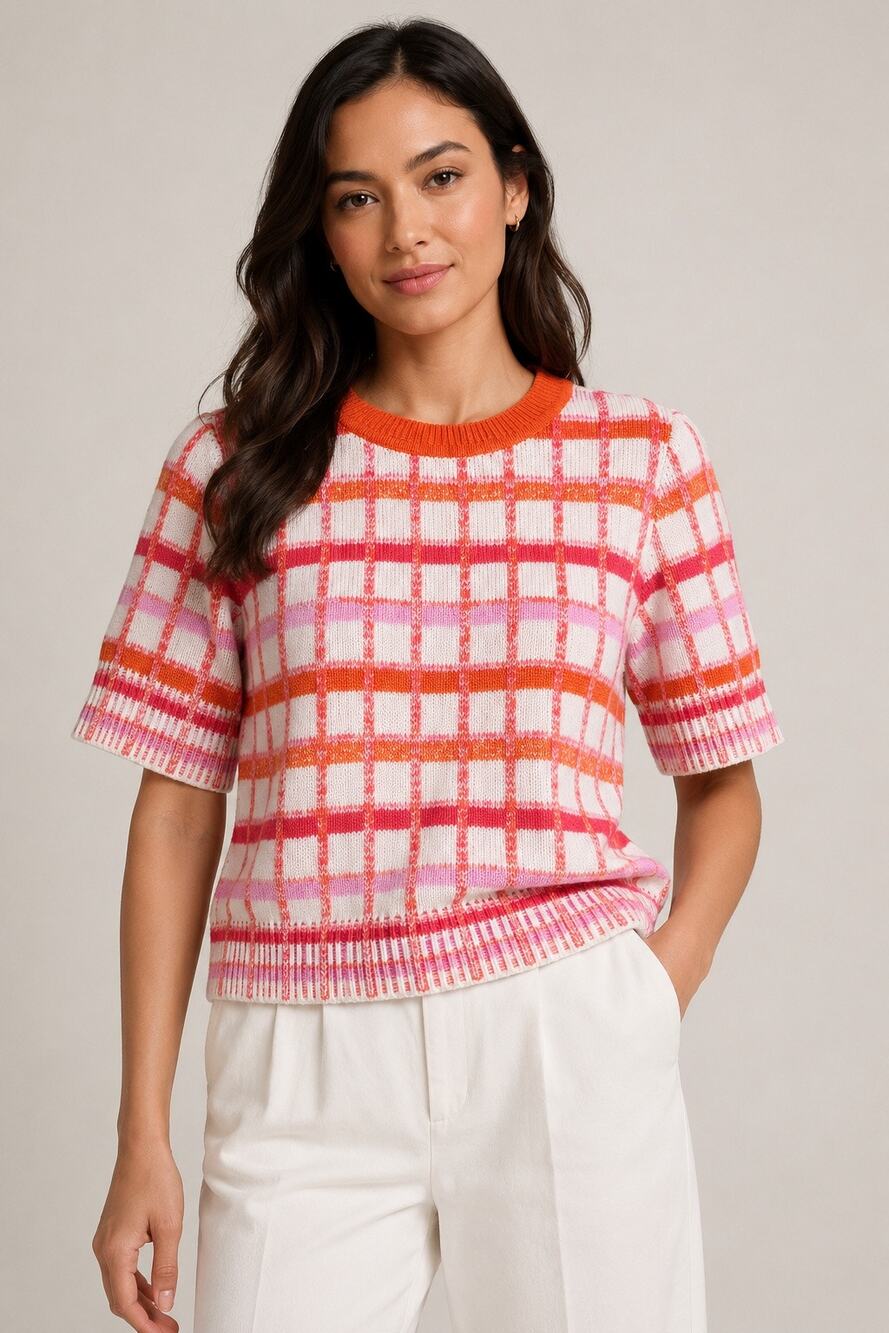 Ann Taylor Petite Plaid Short Sleeve Knit Sweater – Pink & Orange | MP